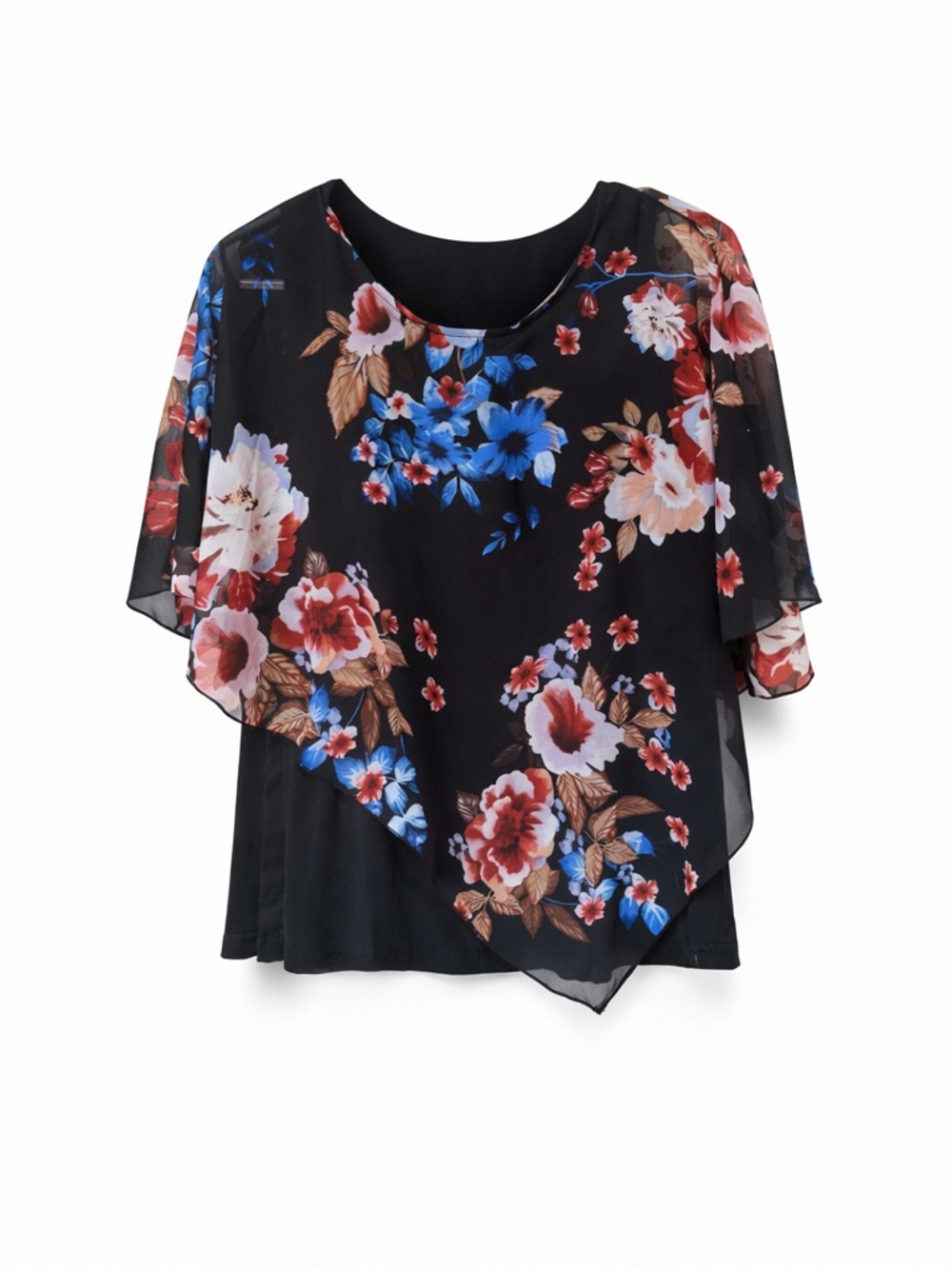 Plus Size Floral Chiffon Blouse Red Blue Sheer Boho Flowy Top 0XL